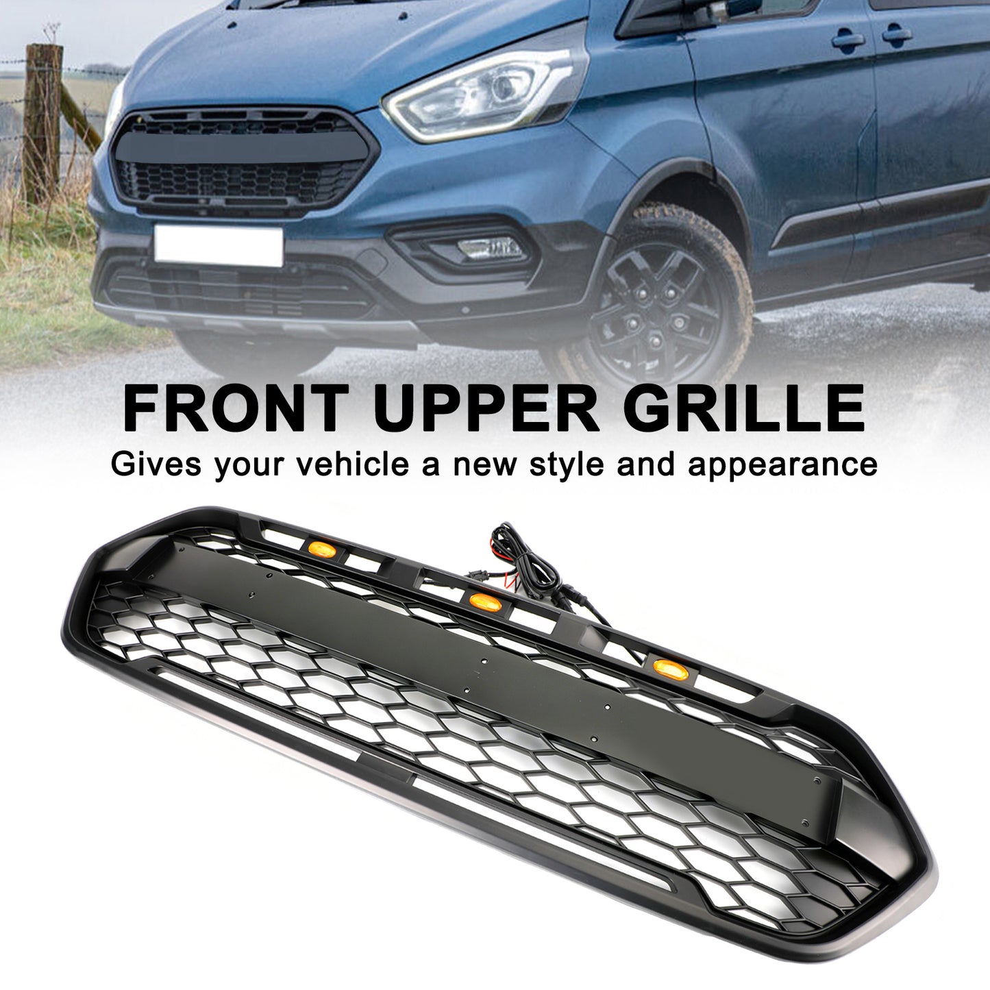 Raptor Style 2018-2023 Ford Transit Custom Trail W/ 3LED Matte Black Front Bumper Grille