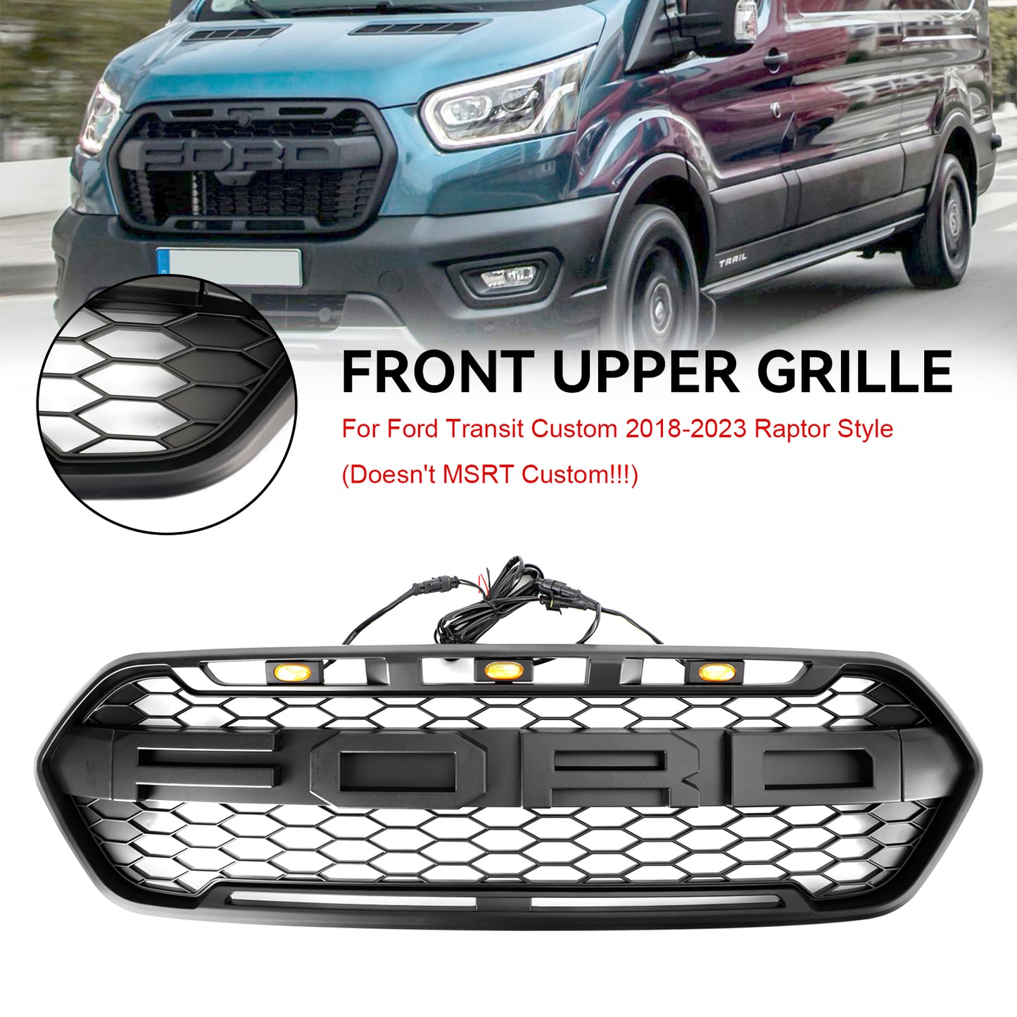 2018-2023 Ford Transit Custom Trail W/ 3LED Matte Black Front Bumper Grille