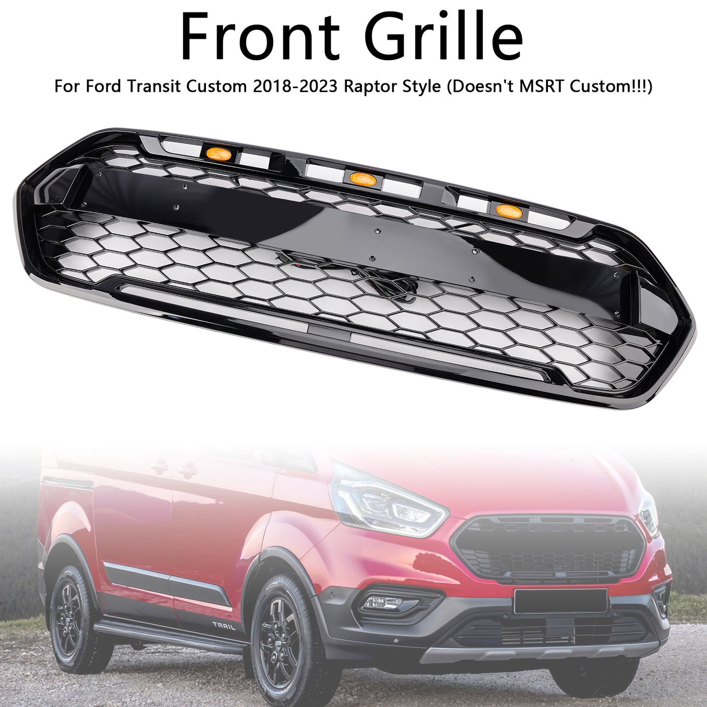 2018 2019 2020 2021 2022 2023 Gloss Black Ford Transit Custom Trail Front Bumper Grille W/ 3LED