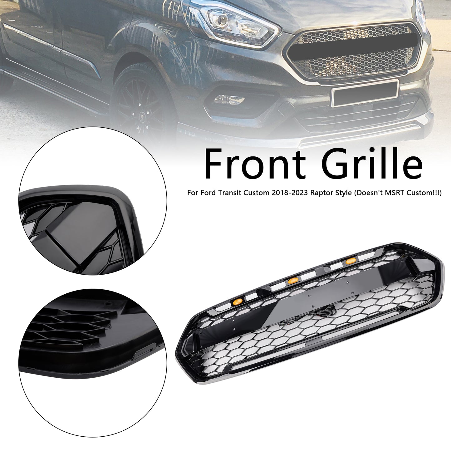 2018-2023 Gloss Black Ford Transit Custom Trail Front Bumper Grille W/ 3LED