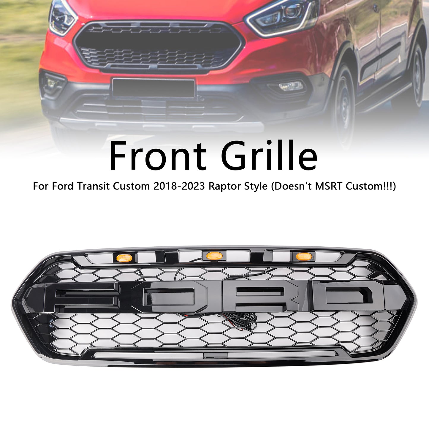 2018 2019 2020 2021 2022 2023 Gloss Black Ford Transit Custom Trail Front Bumper Grille W/ 3LED