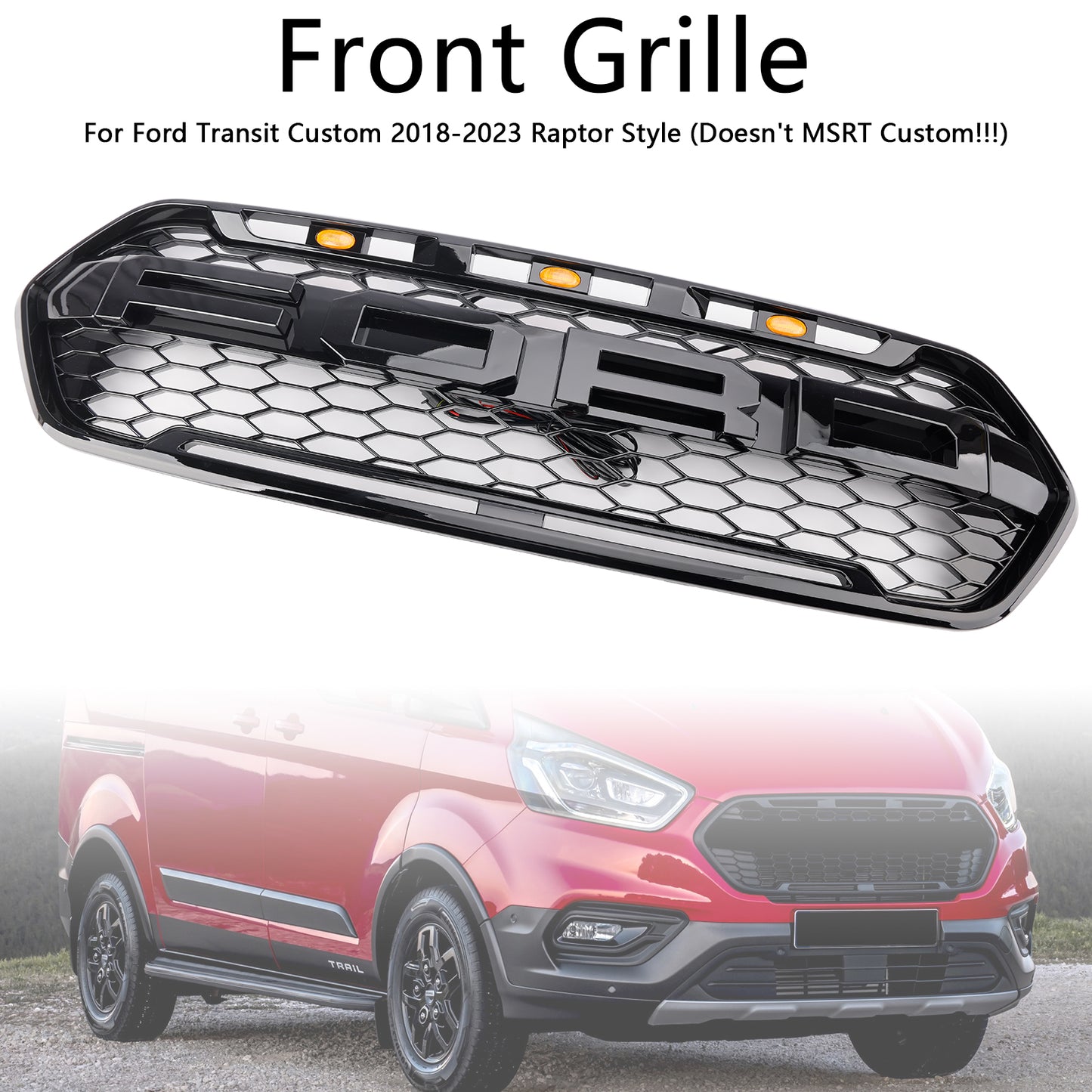 2018 2019 2020 2021 2022 2023 Gloss Black Ford Transit Custom Trail Front Bumper Grille W/ 3LED