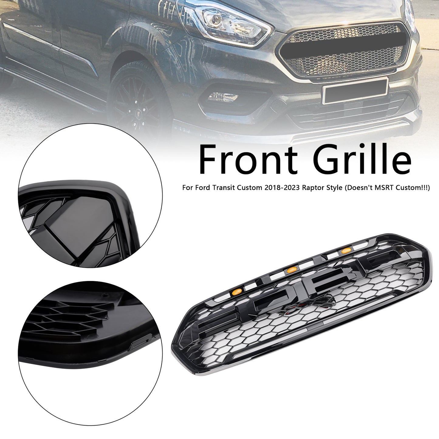 2018 2019 2020 2021 2022 2023 Gloss Black Ford Transit Custom Trail Front Bumper Grille W/ 3LED