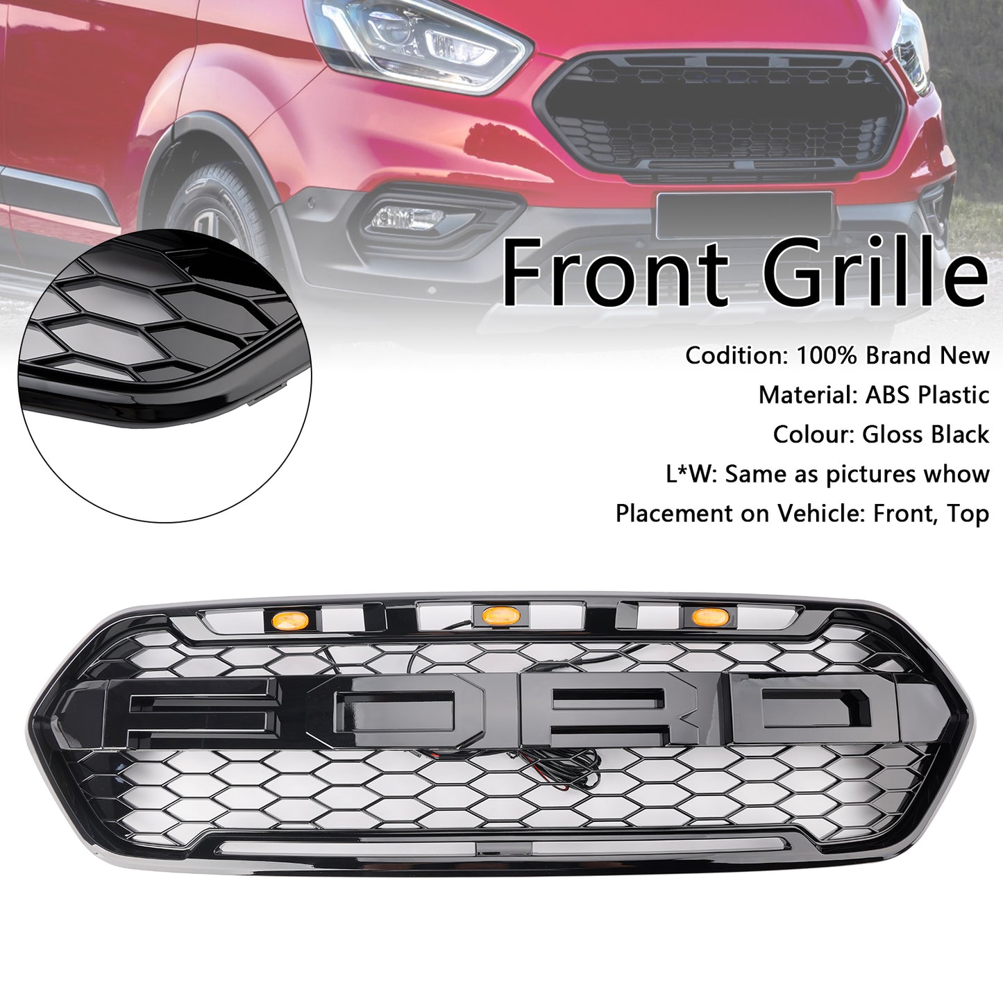 2018 2019 2020 2021 2022 2023 Gloss Black Ford Transit Custom Trail Front Bumper Grille W/ 3LED