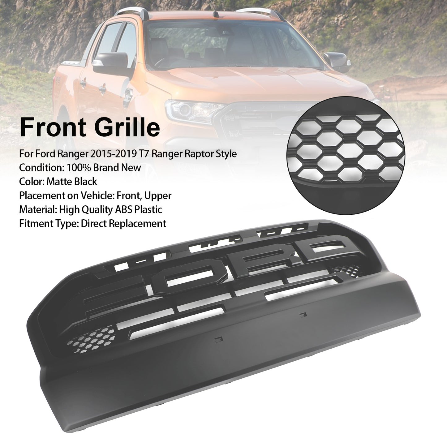 2015-2019 T7 Ford Ranger Front Bumper Grill Ranger Raptor Style Matt Black