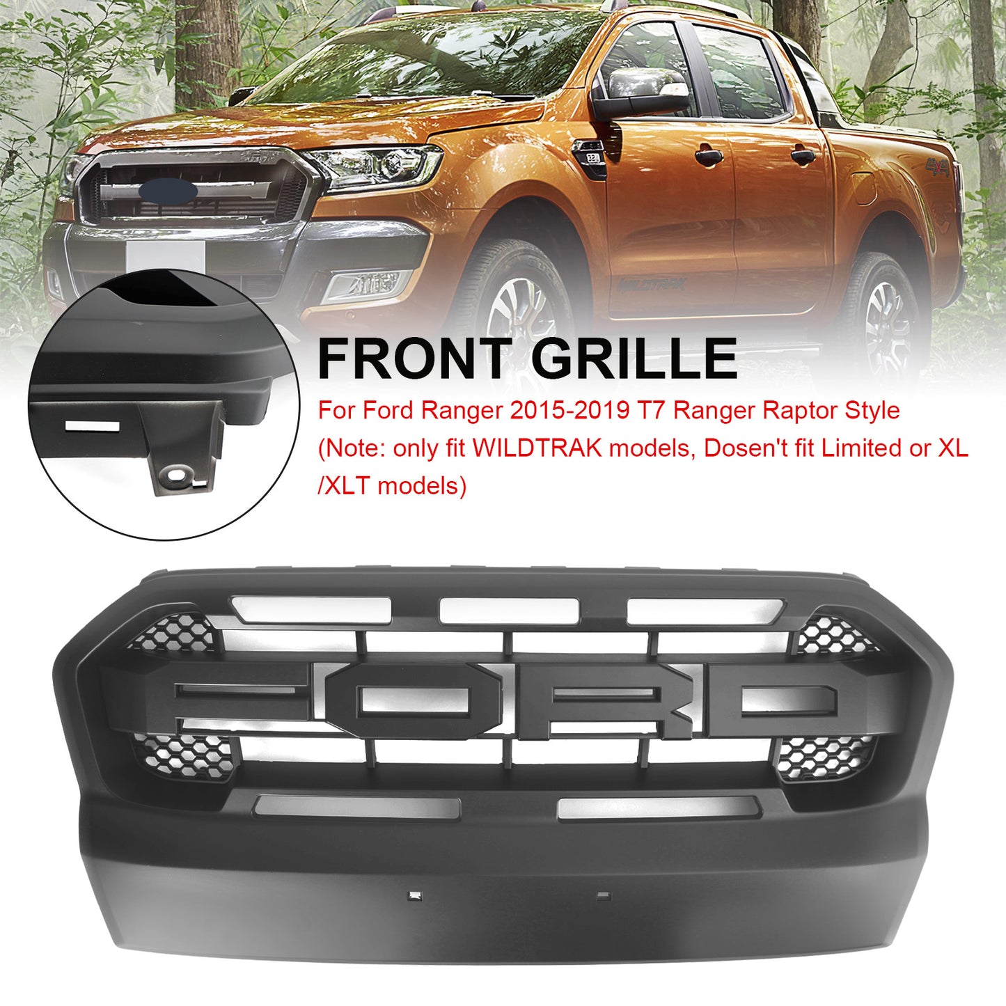 2015-2019 T7 Ford Ranger Front Bumper Grill Ranger Raptor Style Matt Black