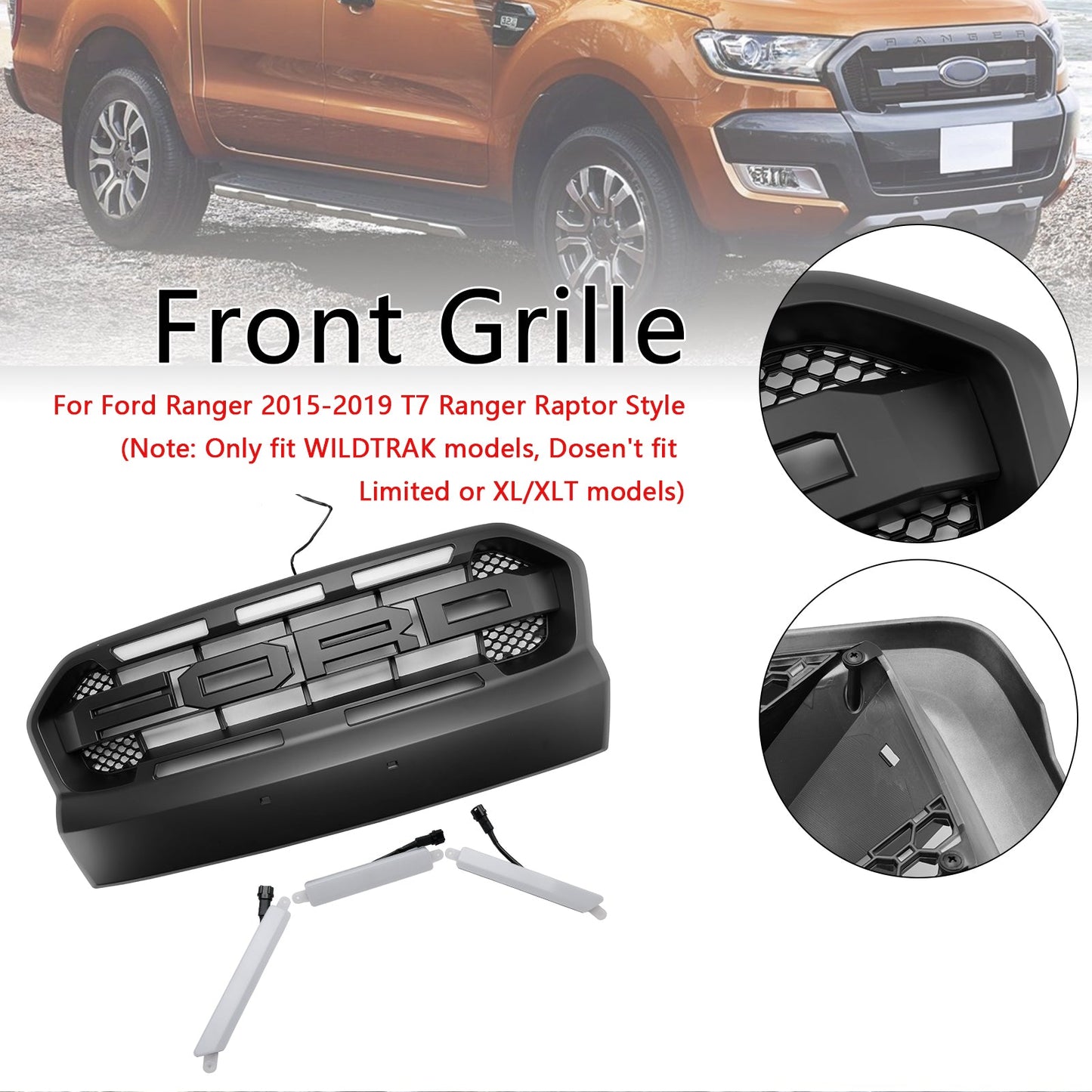 2015-2019 Ford Ranger T7 W/LED Raptor Style Front Bumper Grill Grille