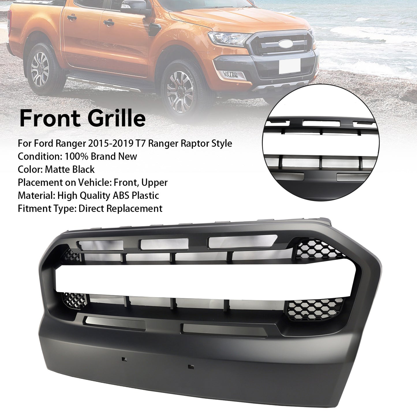 2015 2016 2017 2018 2019 T7 Ford Ranger Front Bumper Grill Ranger Raptor Style Matt Black