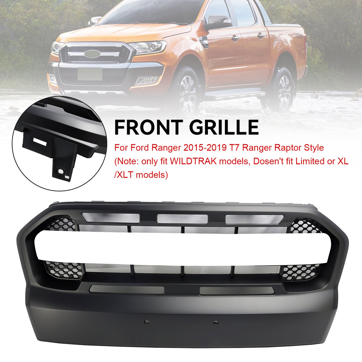 2015 2016 2017 2018 2019 T7 Ford Ranger Front Bumper Grill Ranger Raptor Style Matt Black