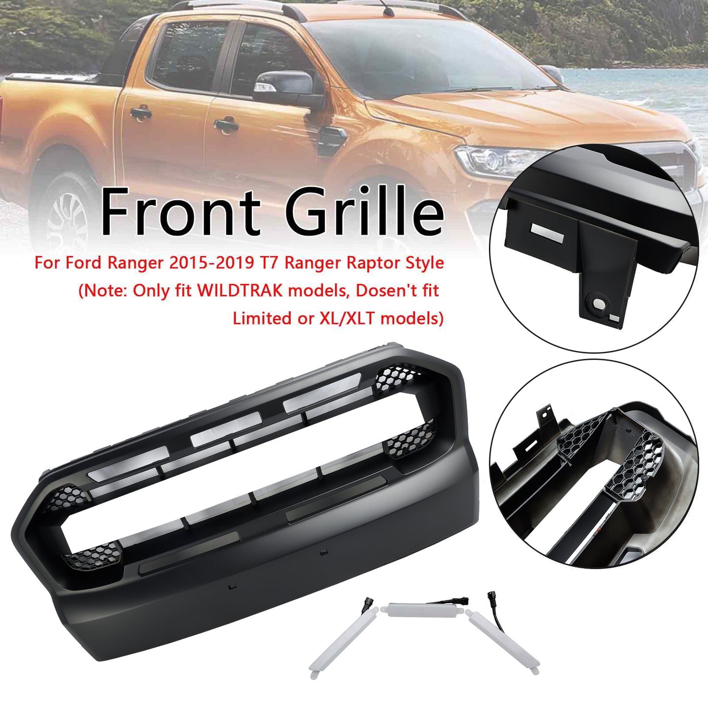 2015 2016 2017 2018 2019 Ford Ranger T7 W/LED Raptor Style Front Bumper Grill Grille