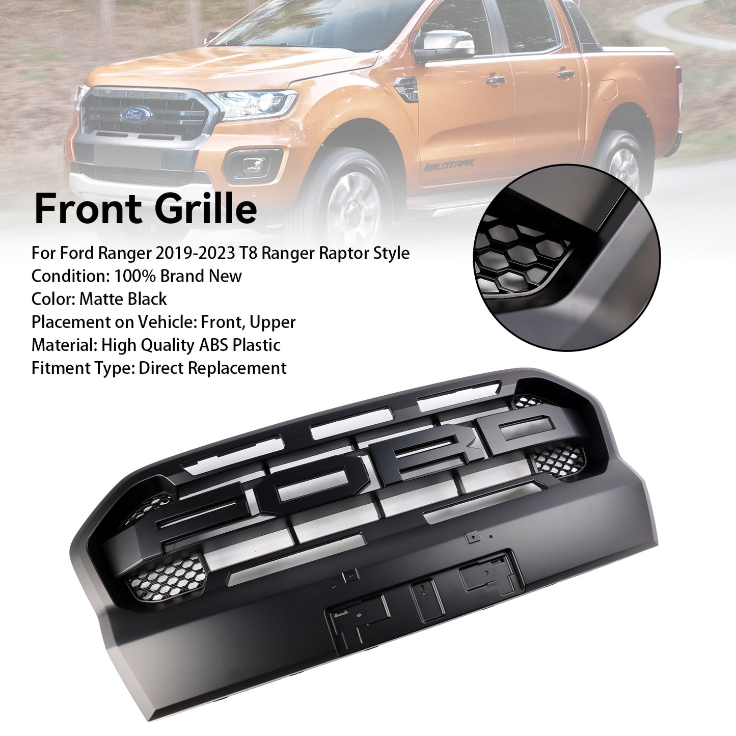 Ford Ranger 2019-2023 T8 Matt Black Ranger Raptor Style Front Bumper Grille