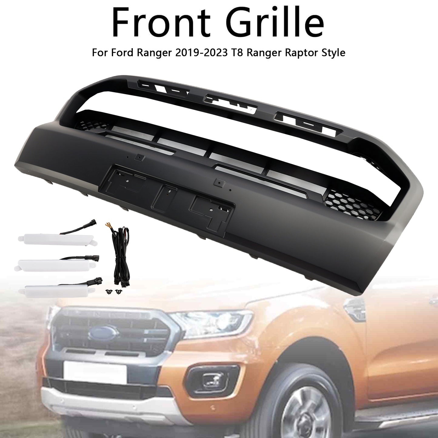 2019-2023 Ford Ranger T8 W/LED Raptor Style Front Bumper Grille Grill