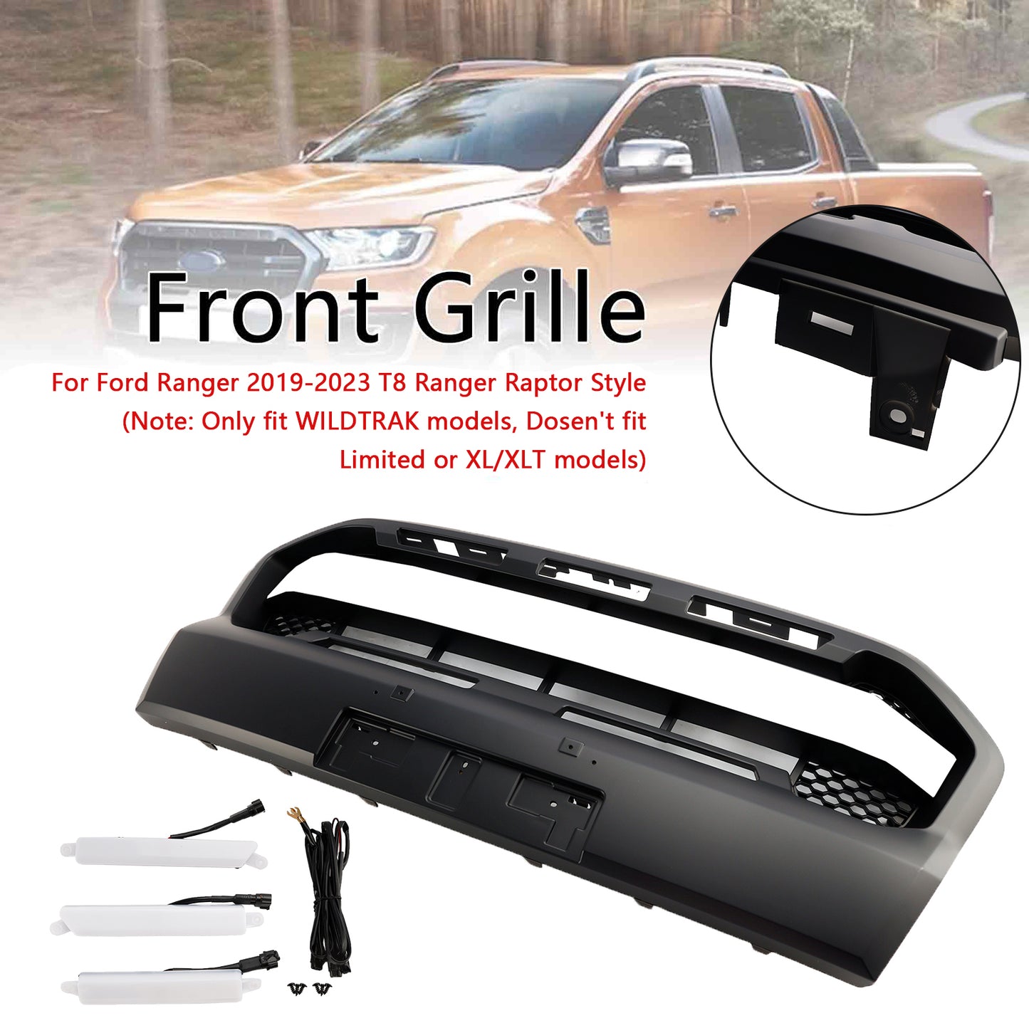 2019-2023 Ford Ranger T8 W/LED Raptor Style Front Bumper Grille Grill