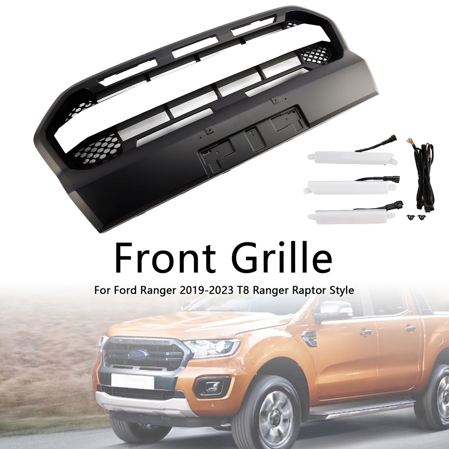 2019-2023 Ford Ranger T8 W/LED Raptor Style Front Bumper Grille Grill