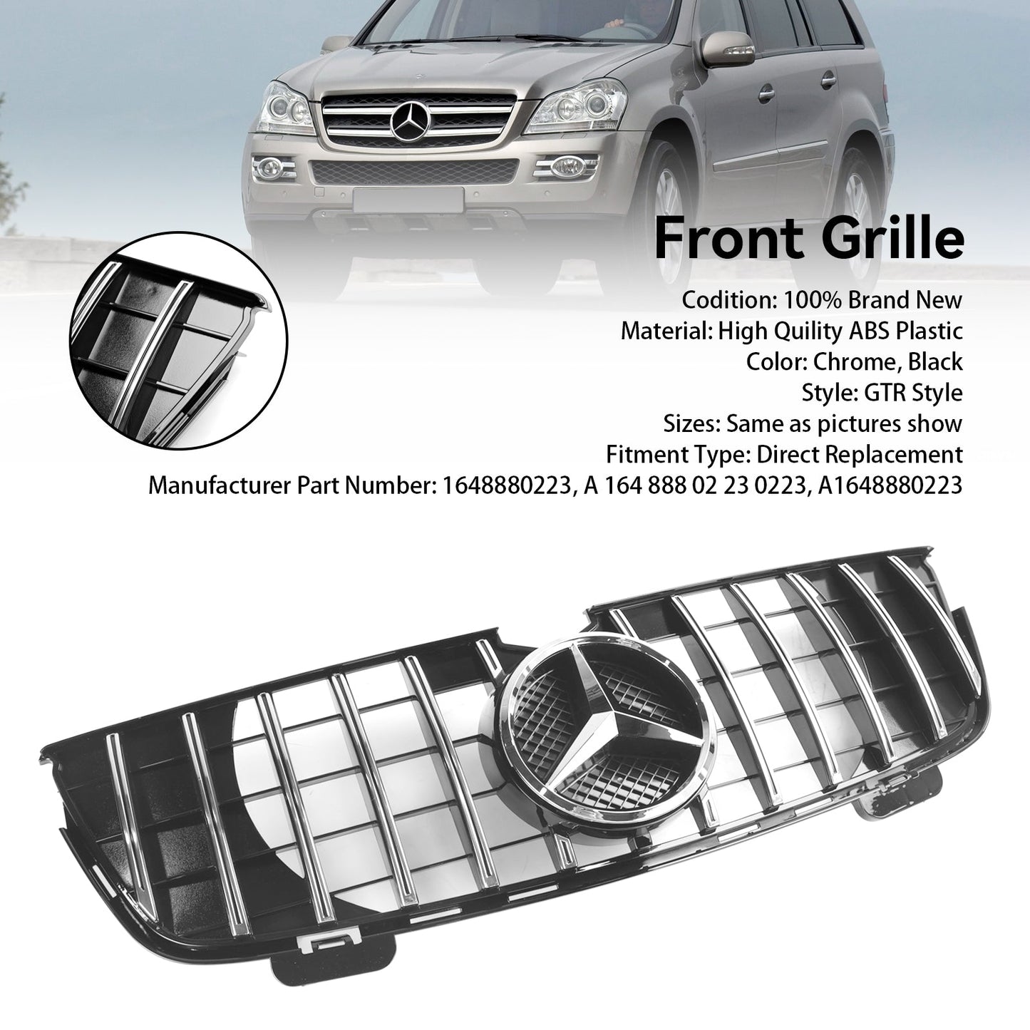 GT Front Bumper Grille Grill Fit Mercedes Benz GL-Class X164 2007-2009 Chrome