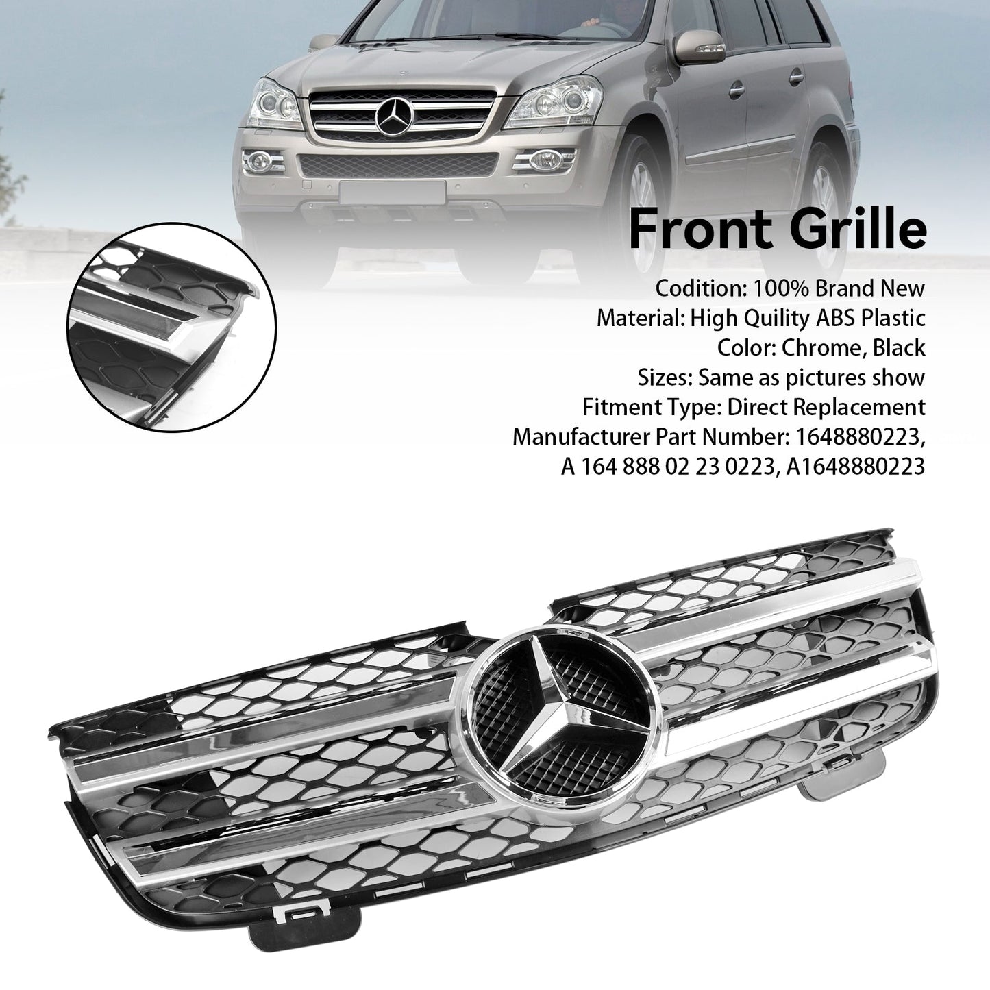 Front Bumper Grille Grill Fit Mercedes Benz GL-Class X164 2007-2009 Chrome