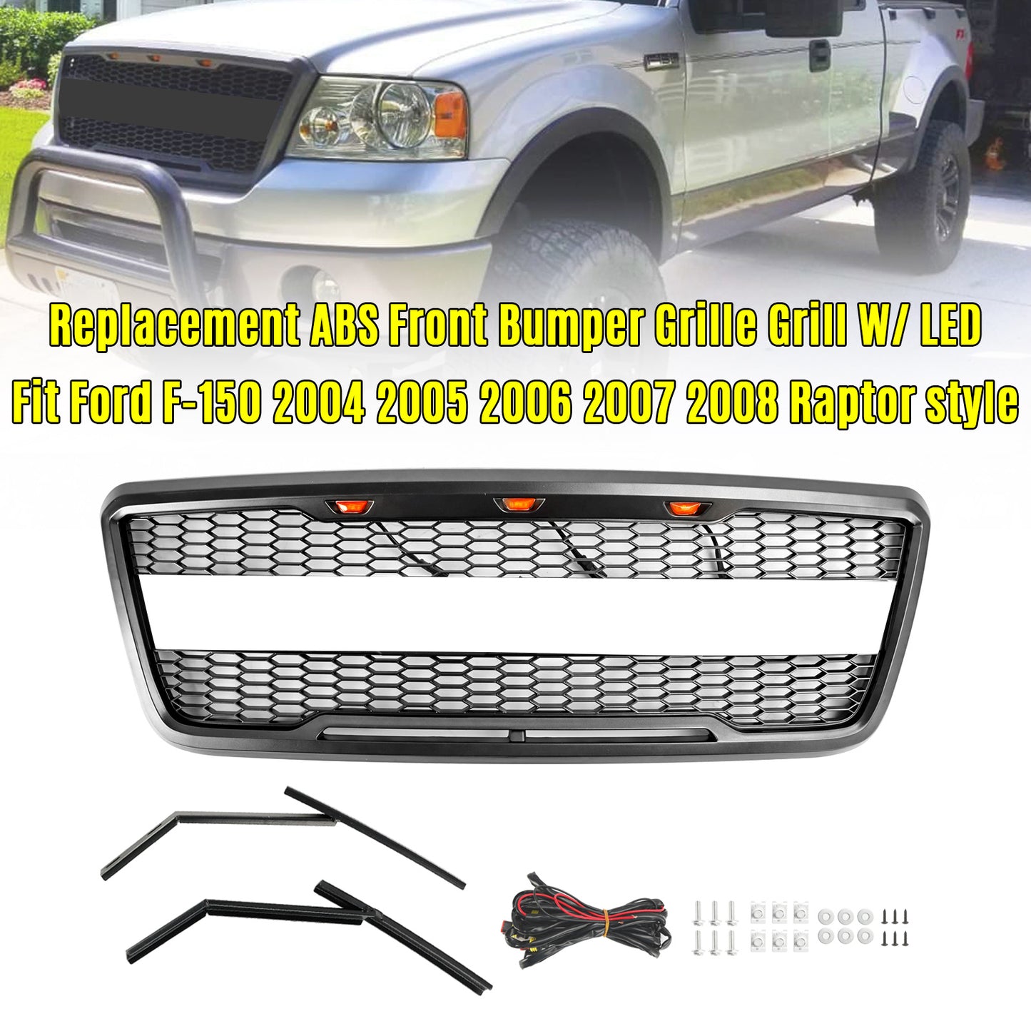 Raptor Style Front Mesh Hood Grille Grill Fit Ford F150 2004-2008 With LED