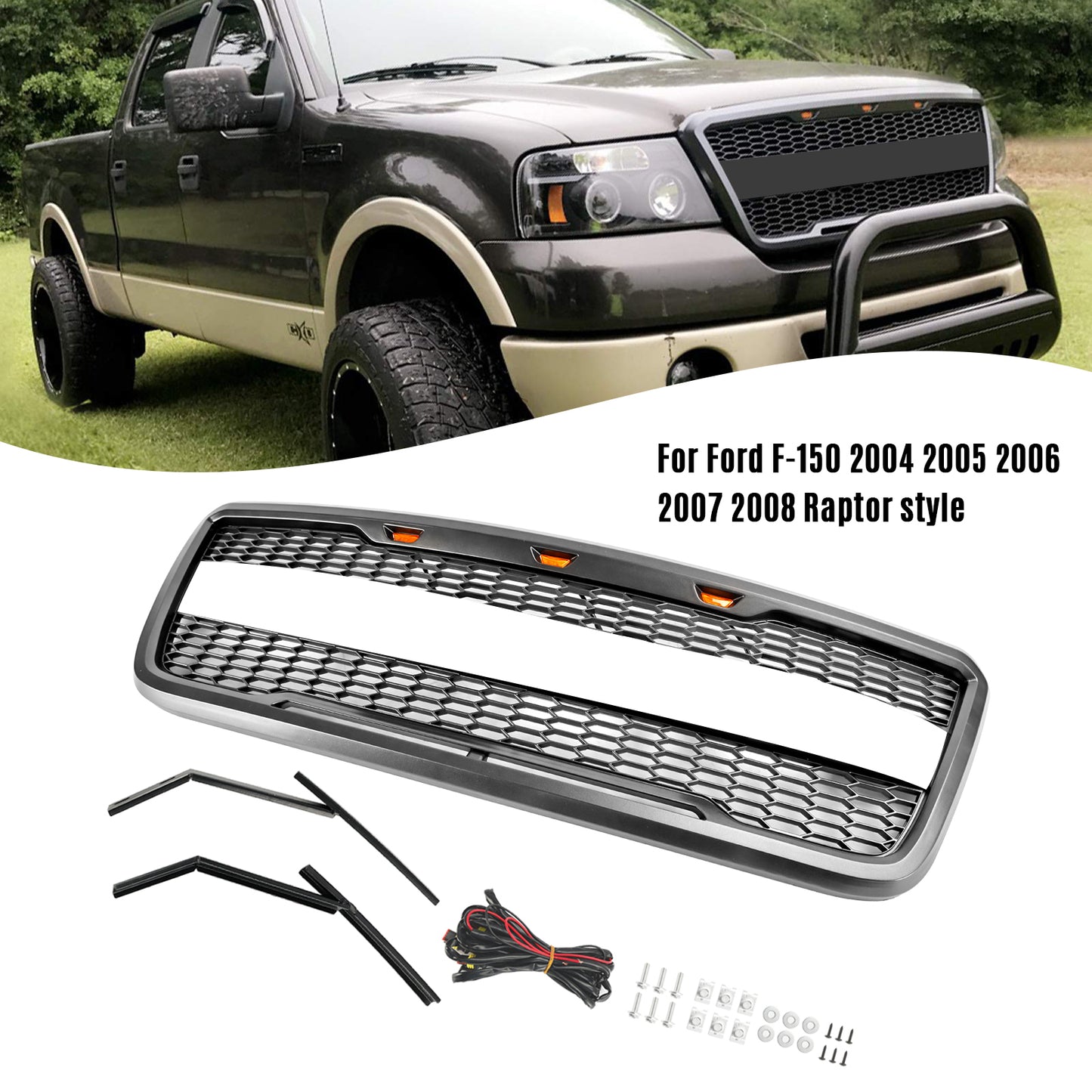 Raptor Style Front Mesh Hood Grille Grill Fit Ford F150 2004-2008 With LED