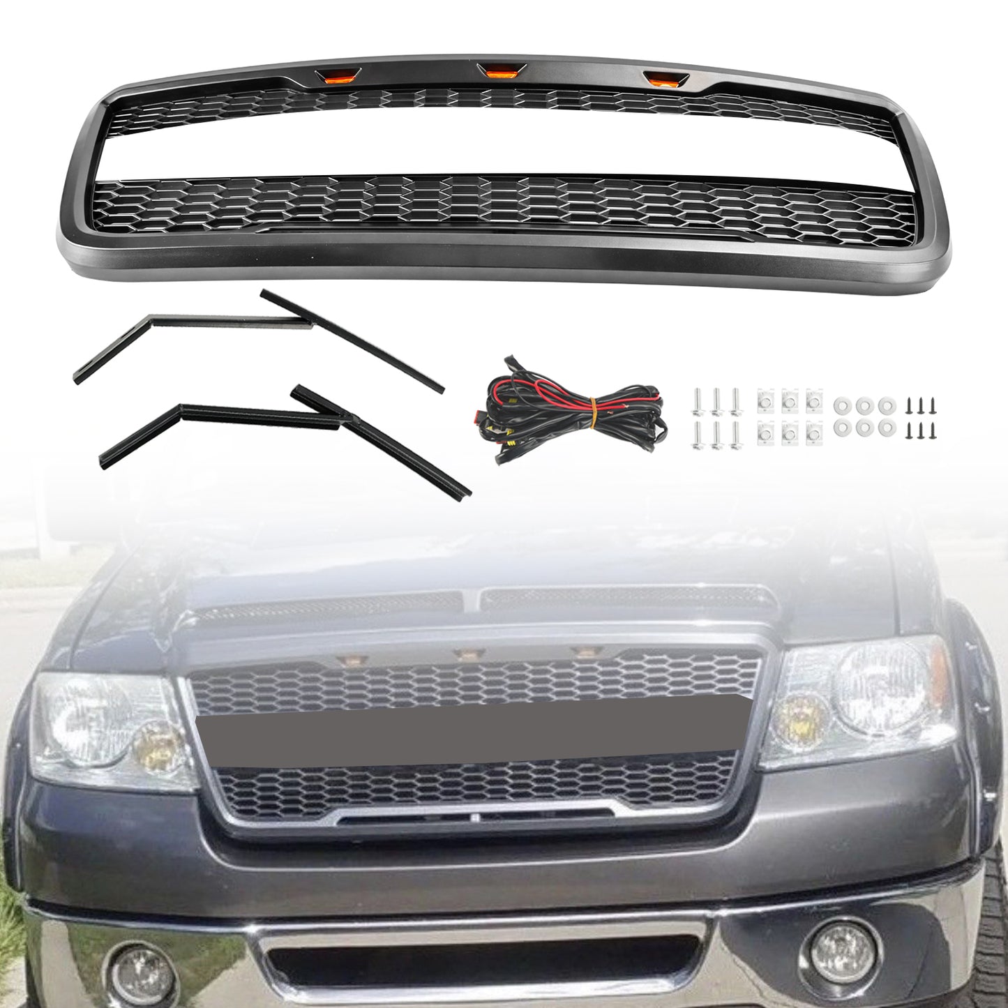 Raptor Style Front Mesh Hood Grille Grill Fit Ford F150 2004-2008 With LED