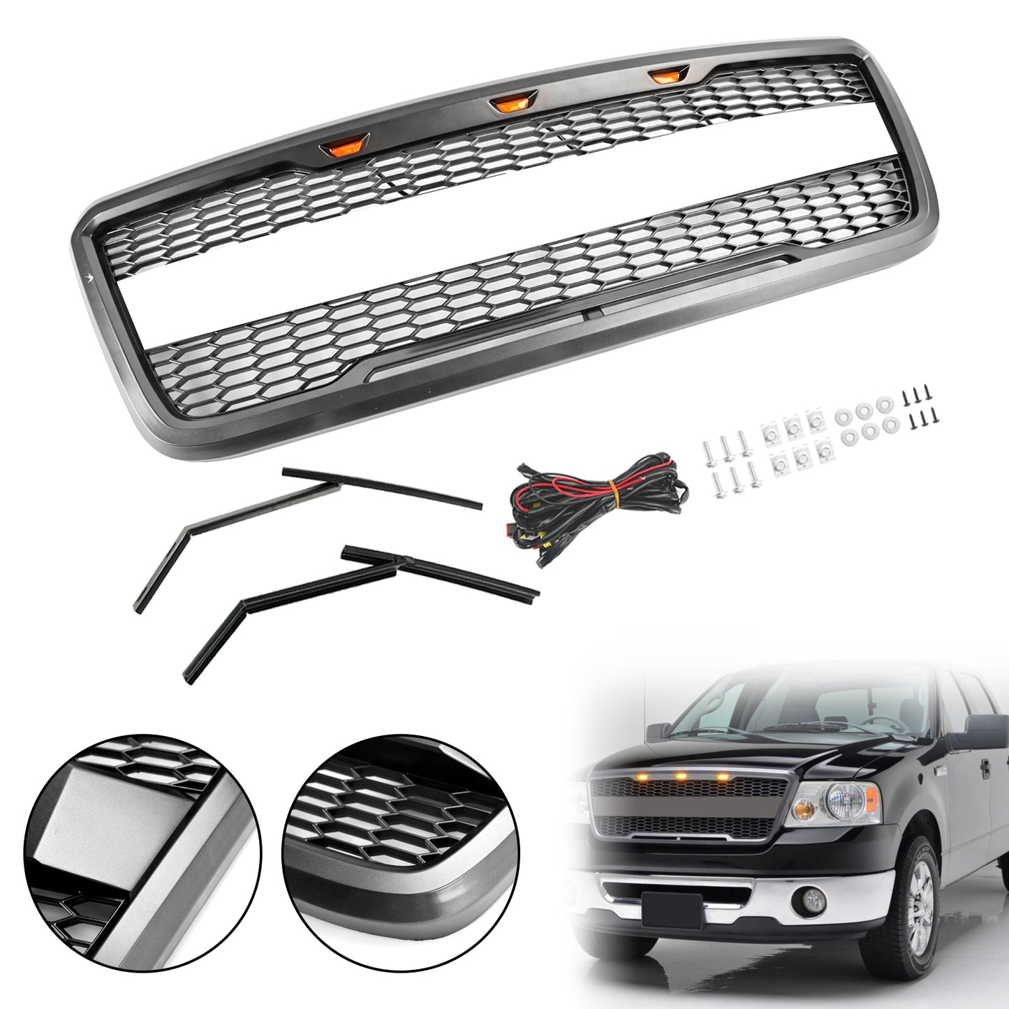 Raptor Style Front Mesh Hood Grille Grill Fit Ford F150 2004-2008 With LED