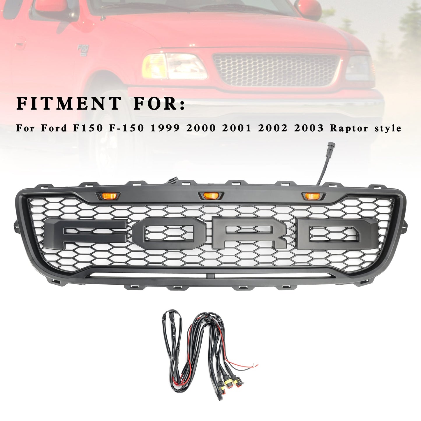 1999-2003 Ford F150 W/ Led Raptor style Matte Black Front Honeycomb Bumper Grille Grill