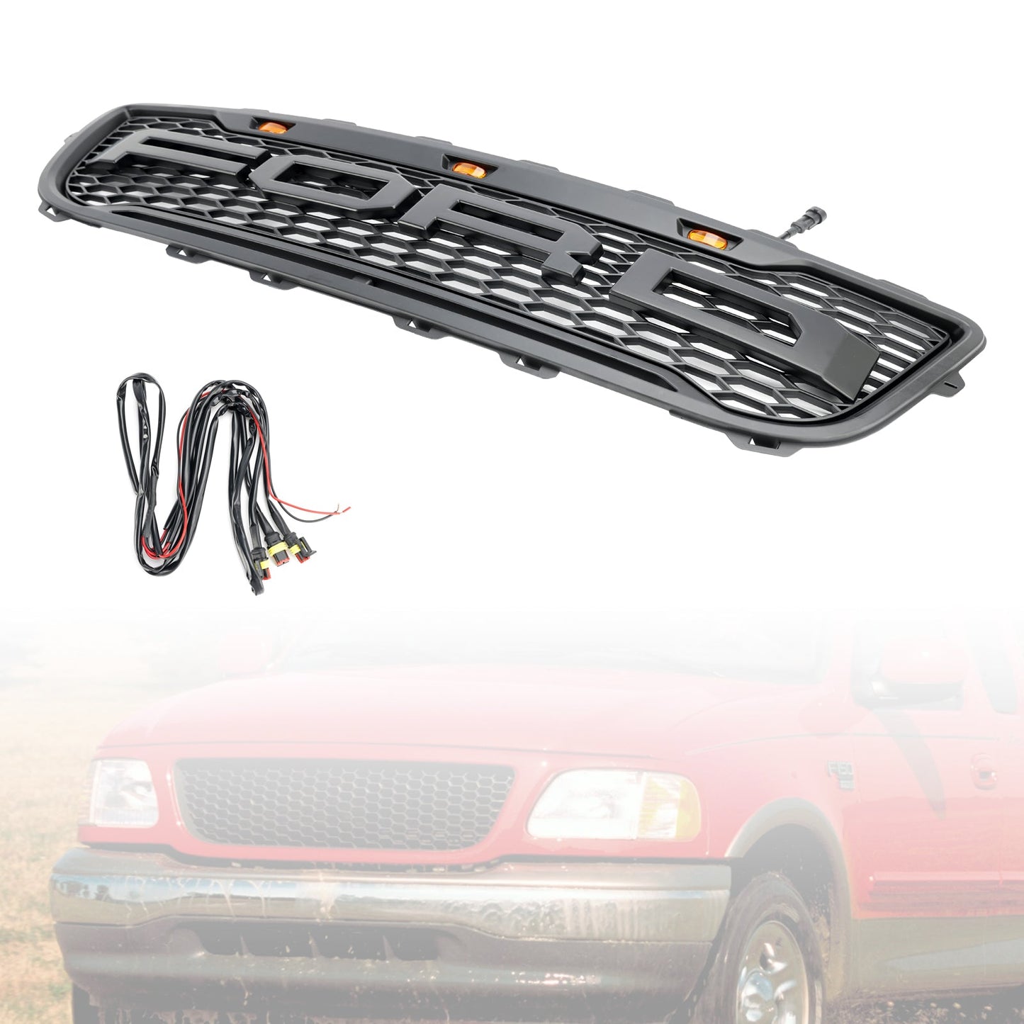 1999-2003 Ford F150 W/ Led Raptor style Matte Black Front Honeycomb Bumper Grille Grill