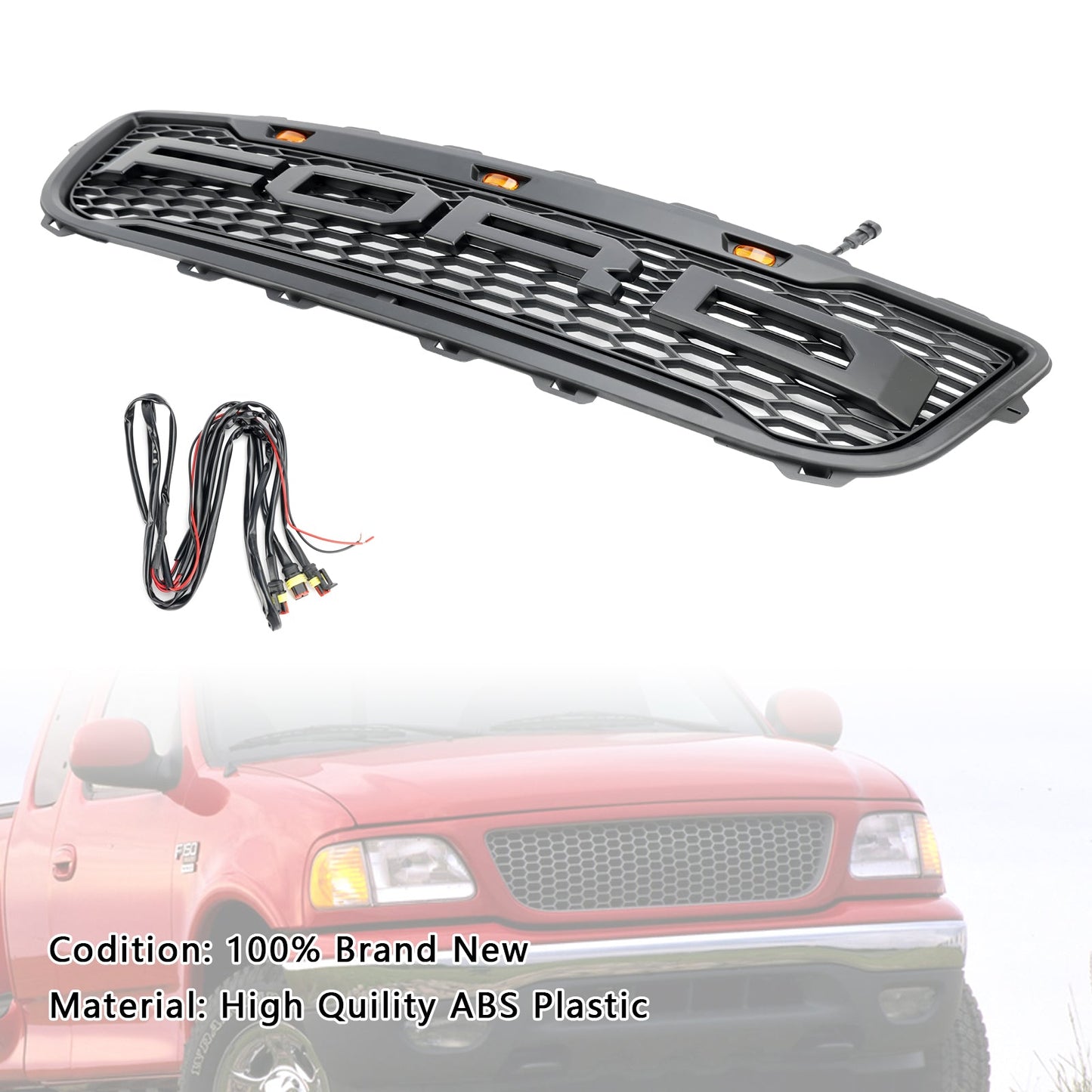 1999-2003 Ford F150 W/ Led Raptor style Matte Black Front Honeycomb Bumper Grille Grill