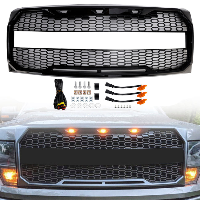 2009-2014 Ford F150 Gloss Black Raptor Style Front Bumper Grille Grill