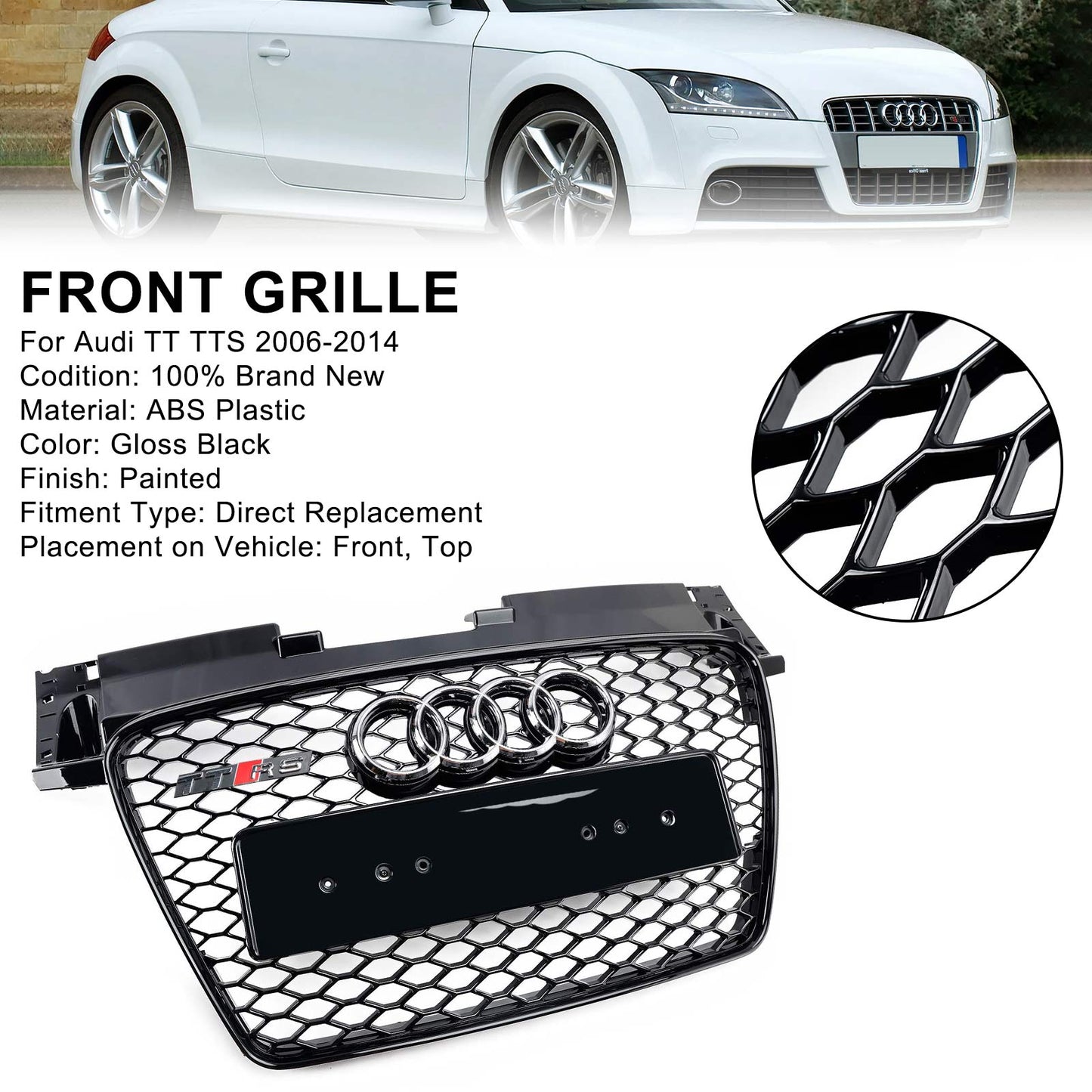 2006-2014 Audi TT TTS RS Style Front Honeycomb Grille Grill Gloss Black