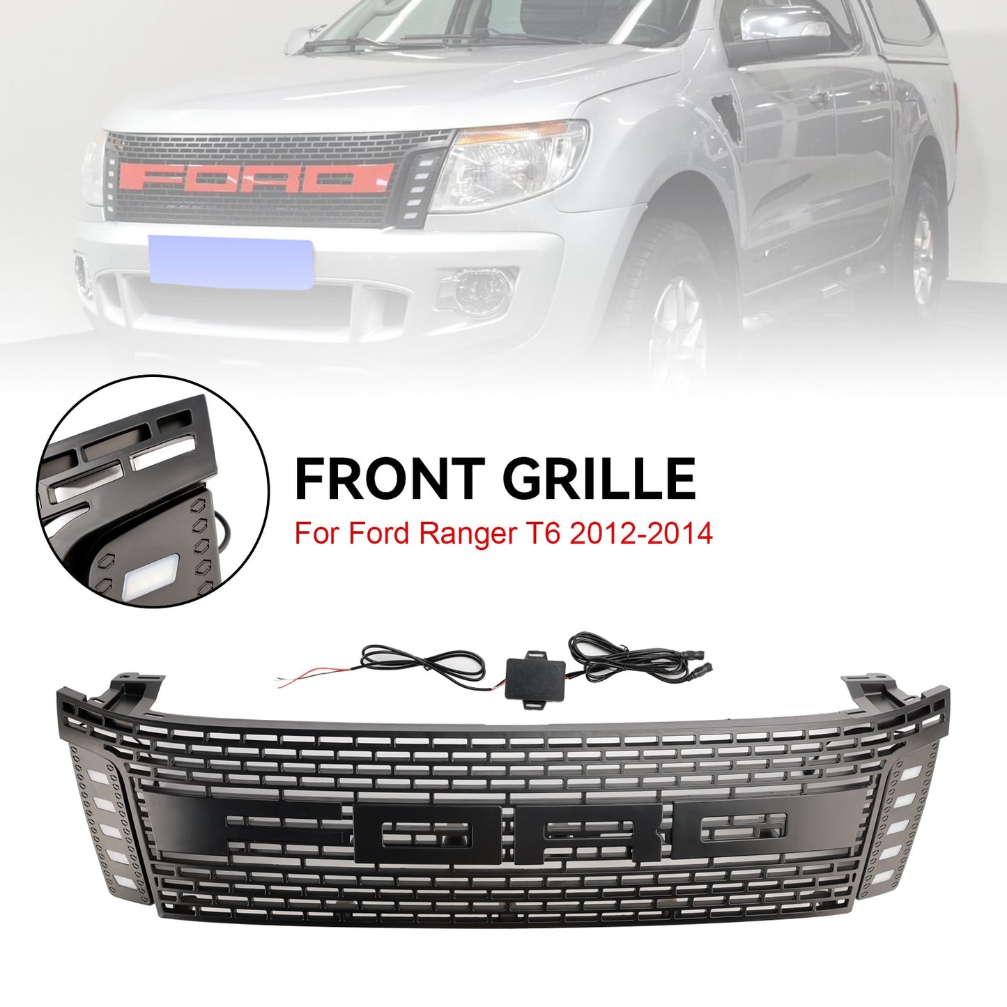 2012-2014 Ford Ranger T6 w/ LED Light Matt Black Front Bumper Grill Grille