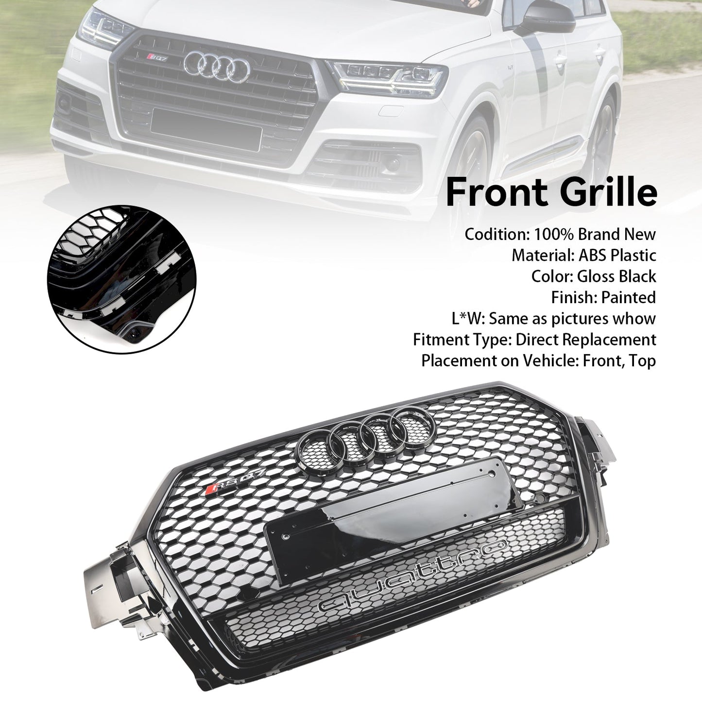 2016-2019 Audi Q7 SQ7 Gloss Black Front Bumper Radiator Vent Mesh Grille Grill