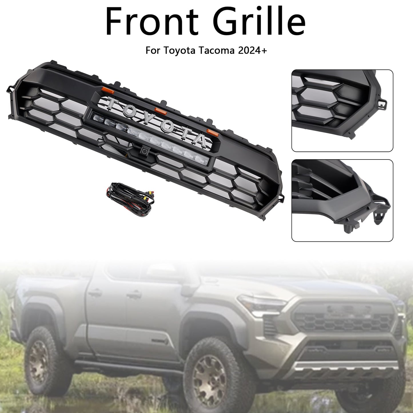2024+ Toyota Tacoma Black Front Bumper Grill Grille With Led & Light Bar