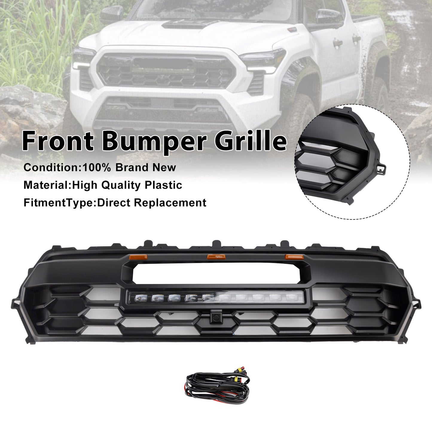 2024+ Toyota Tacoma Black Front Bumper Grille Grill With Led & Light Bar
