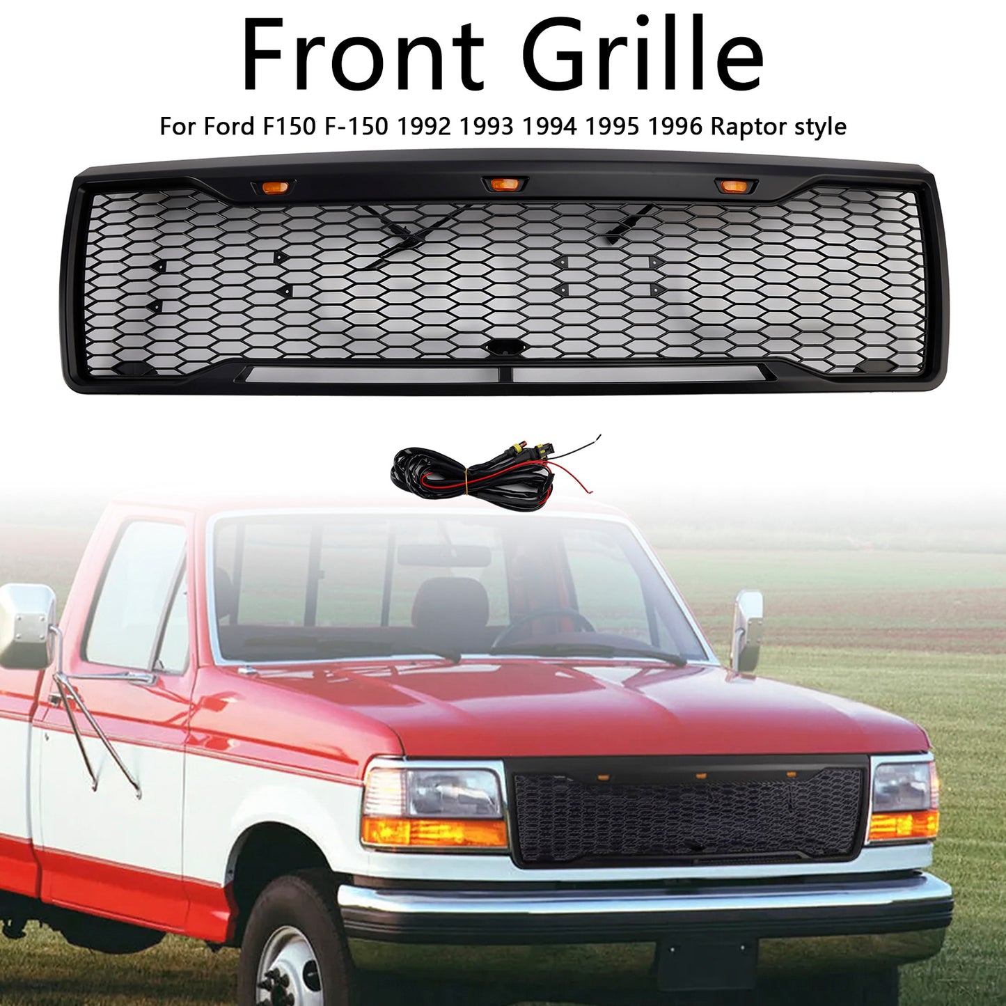 1992-1996 Ford F150 W/ Led Matte Black Front Honeycomb Bumper Grille Grill