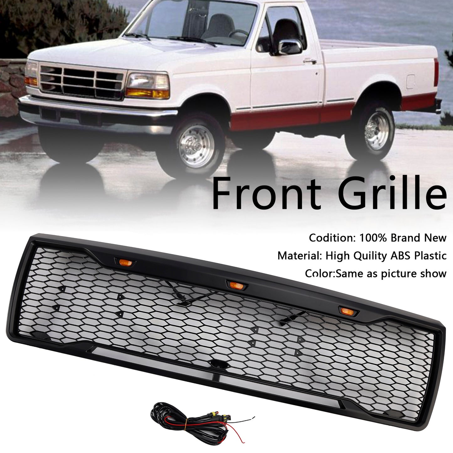 1992-1996 Ford F150 W/ Led Matte Black Front Honeycomb Bumper Grille Grill