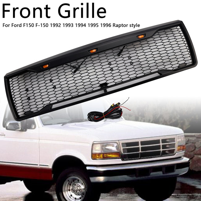 1992-1996 Ford F150 W/ Led Matte Black Front Honeycomb Bumper Grille Grill