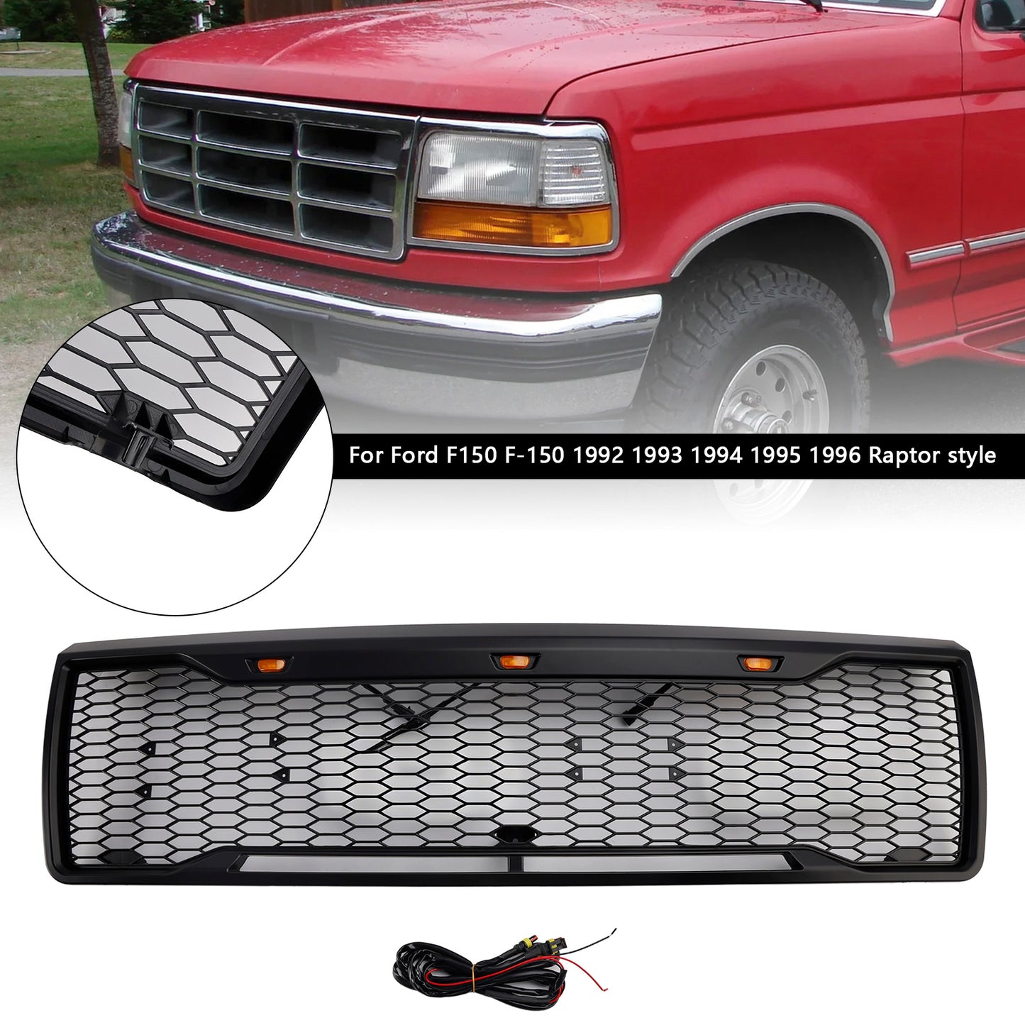 1992-1996 Ford F150 W/ Led Matte Black Front Honeycomb Bumper Grille Grill