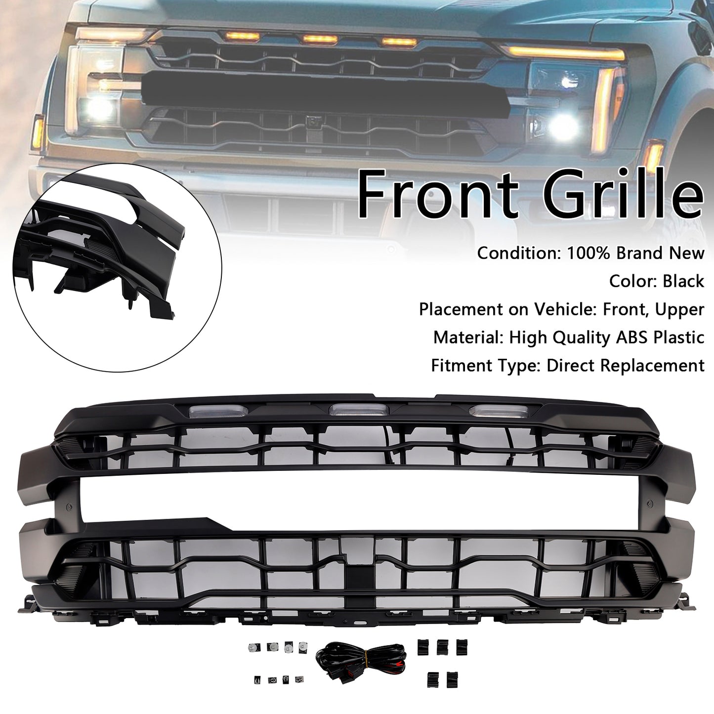 Black Front Bumper Grille Grill Fit Ford F150 RAPTOR 2024+ Only