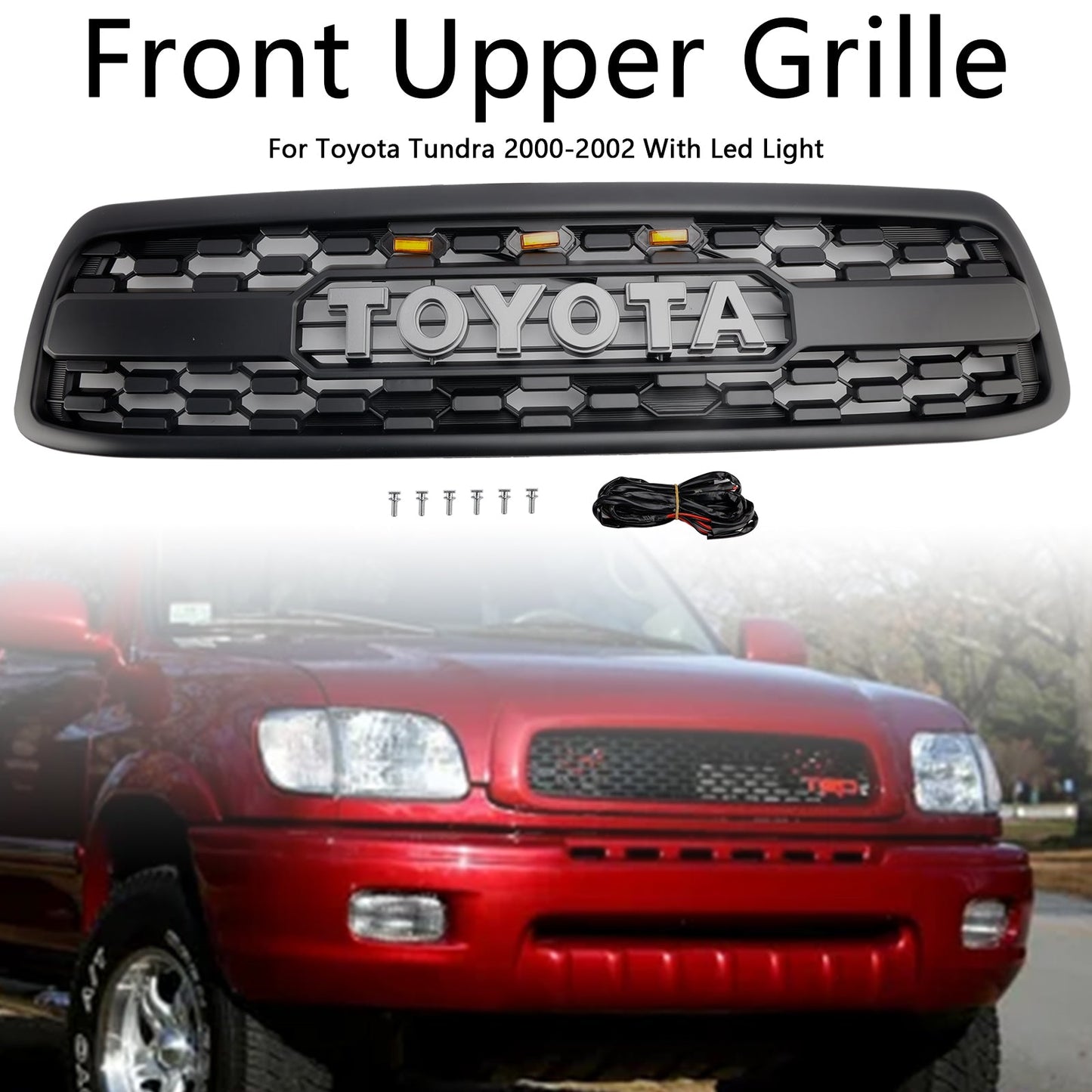 Matte Black Front Bumper Grill Grille Fit Toyota Tundra 2000-2002 W/LED