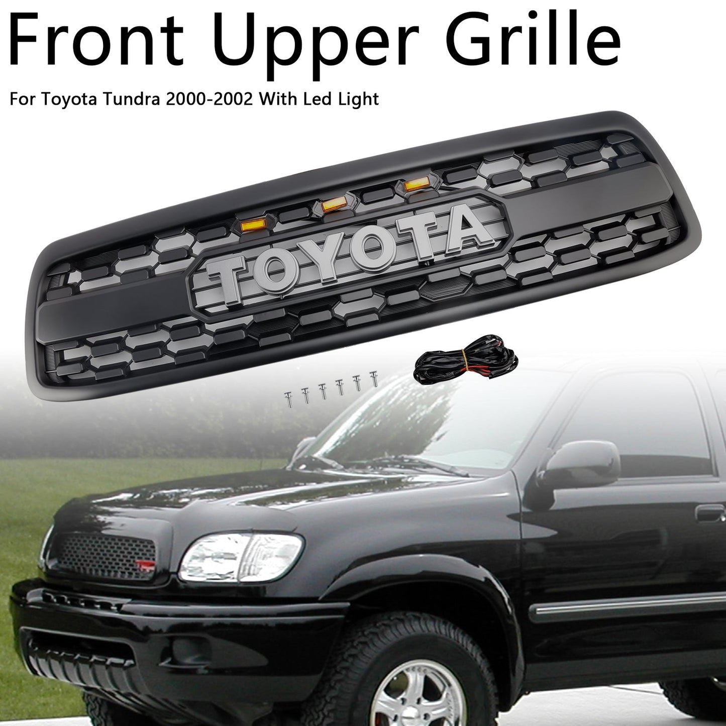 Matte Black Front Bumper Grill Grille Fit Toyota Tundra 2000-2002 W/LED