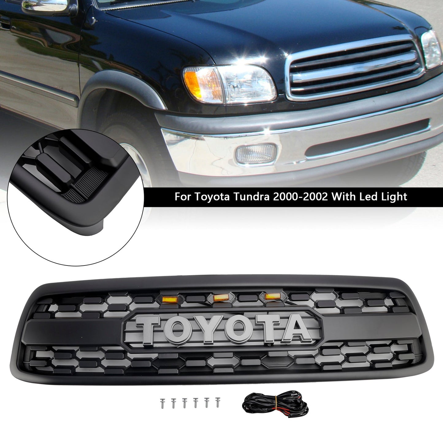 Matte Black Front Bumper Grill Grille Fit Toyota Tundra 2000-2002 W/LED