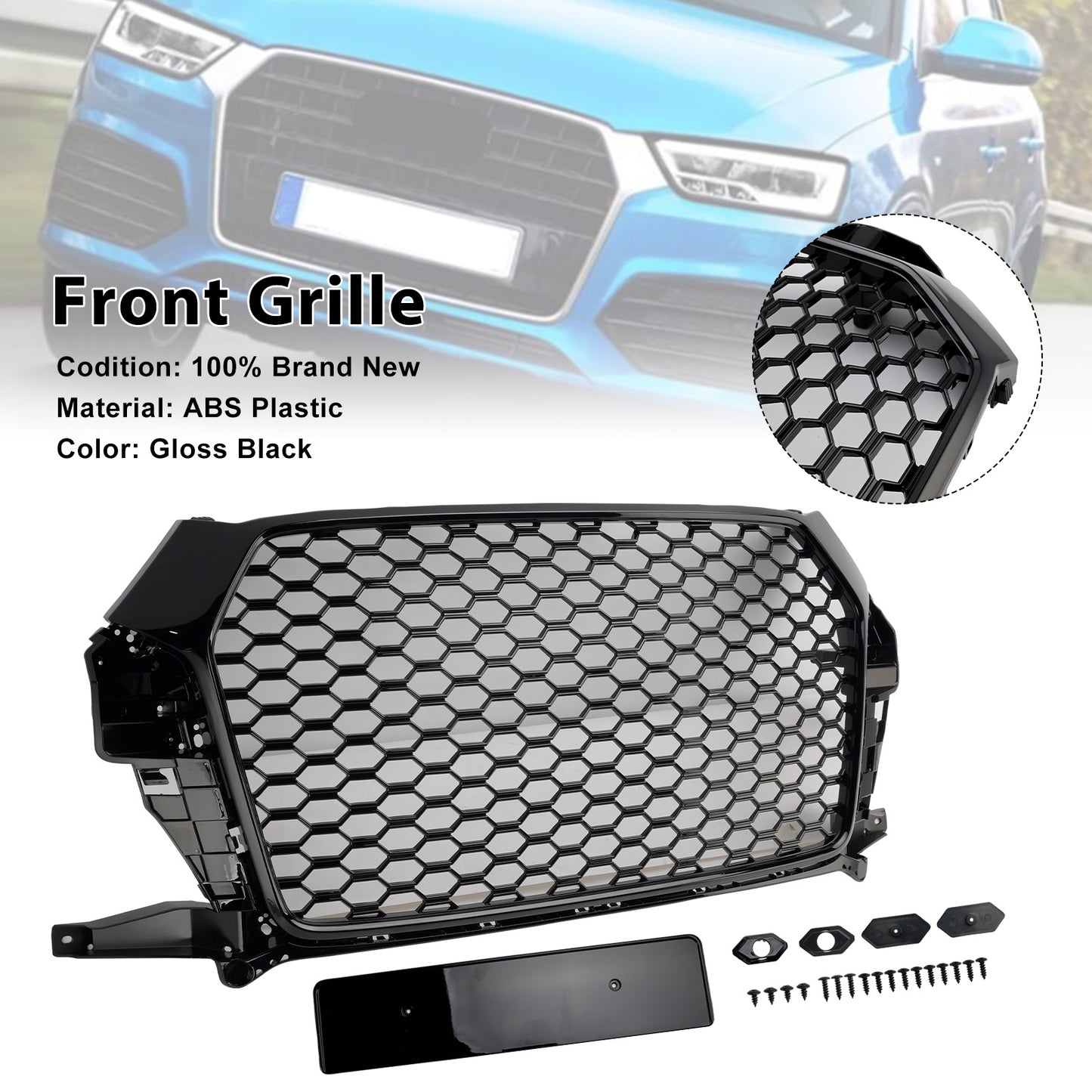 2016-2018 Audi Q3 Front Honeycomb Grill Grille Gloss Black 8U0853653M