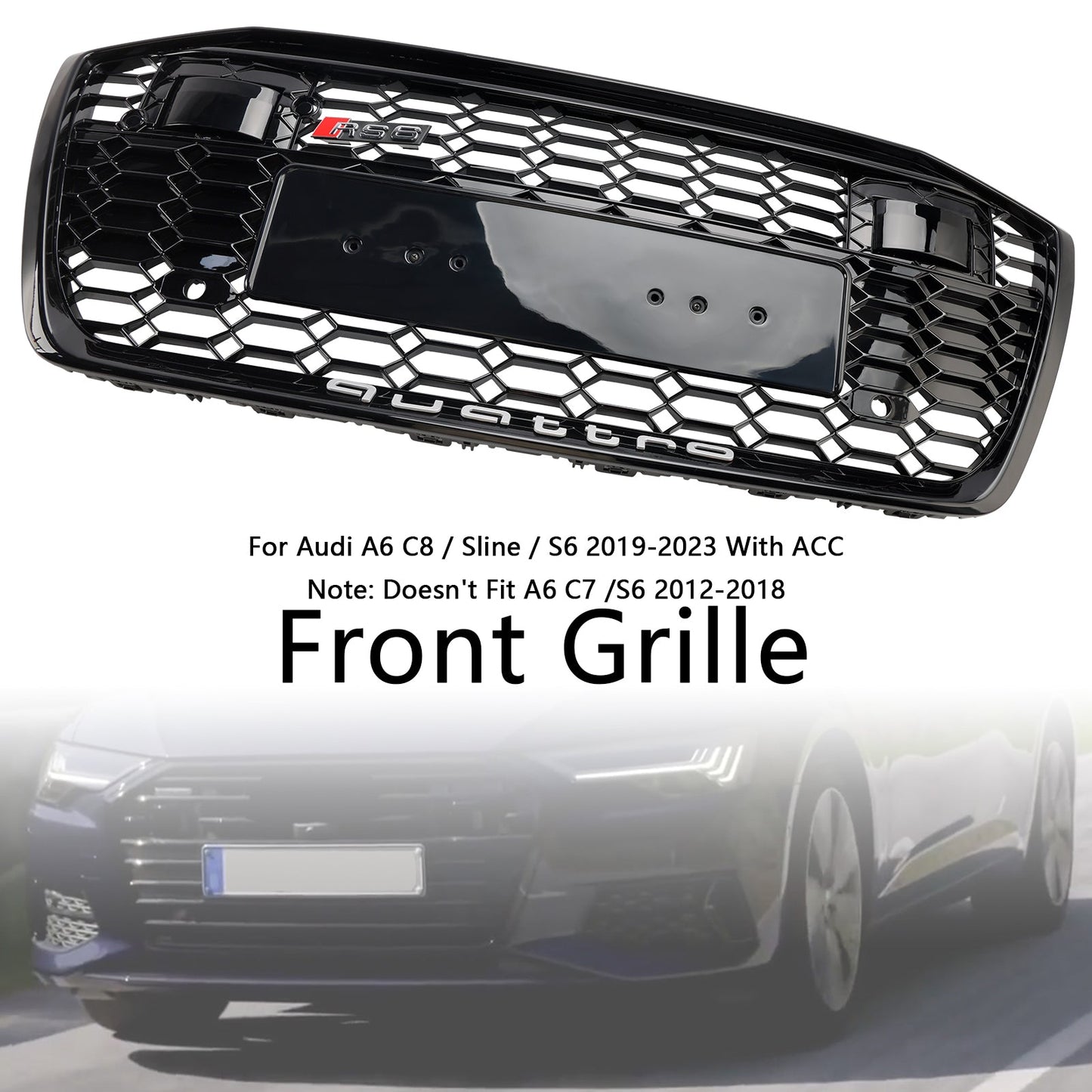 2019-2023 Audi A6 S6 W/ACC RS6 Style Honeycomb Mesh Front Grill Grille