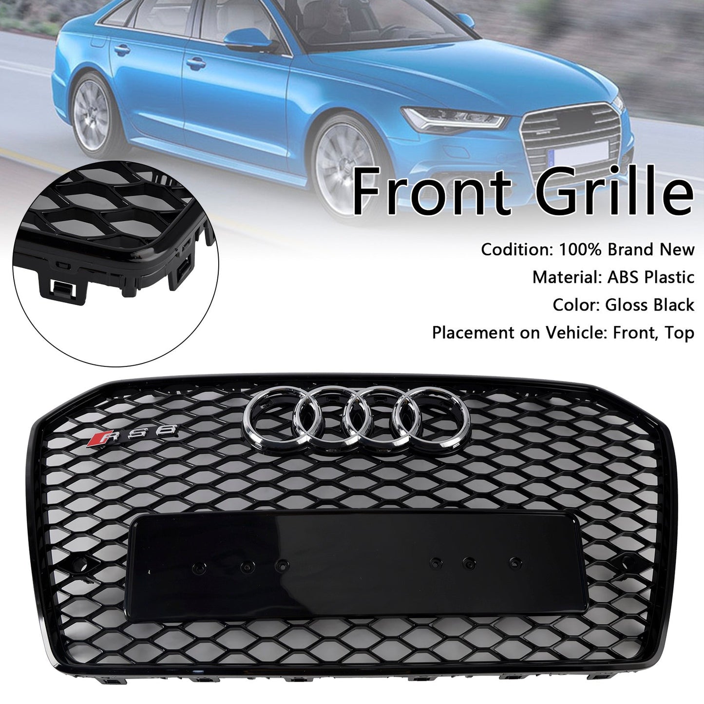 RS6 Style Front Honeycomb Mesh Grille Grill Fit Audi A6 S6 C7 2016-2018 Black