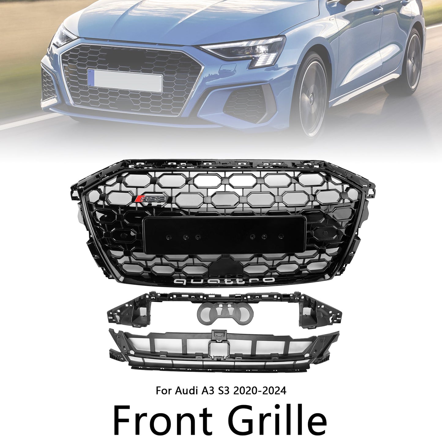 RS3 Style Honeycomb Front Grille Grill Fit Audi A3 S3 2020-2024 Gloss Black