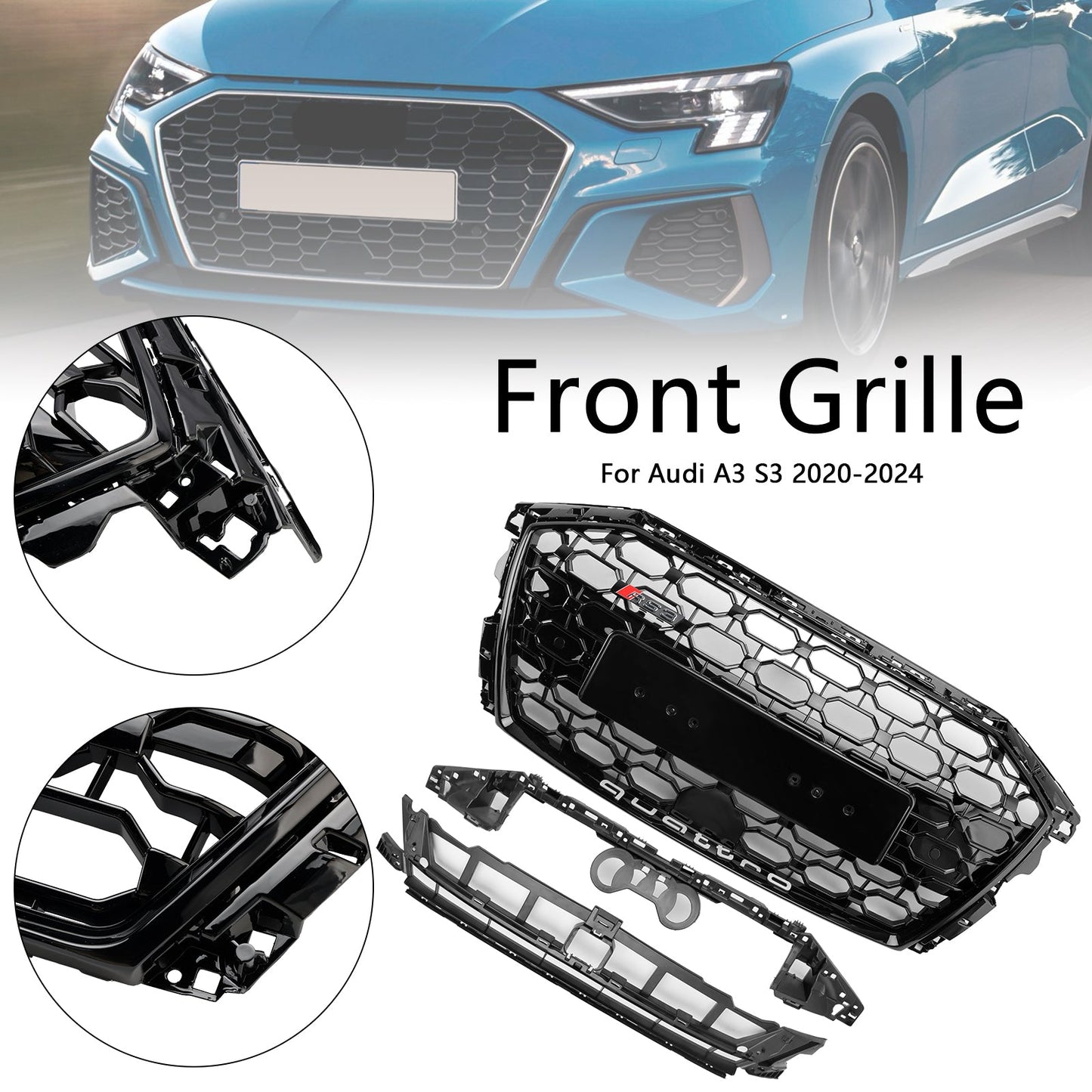 RS3 Style Honeycomb Front Grille Grill Fit Audi A3 S3 2020-2024 Gloss Black