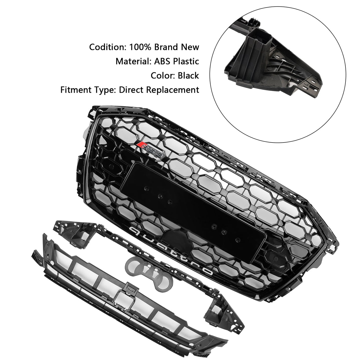 RS3 Style Honeycomb Front Grille Grill Fit Audi A3 S3 2020-2024 Gloss Black