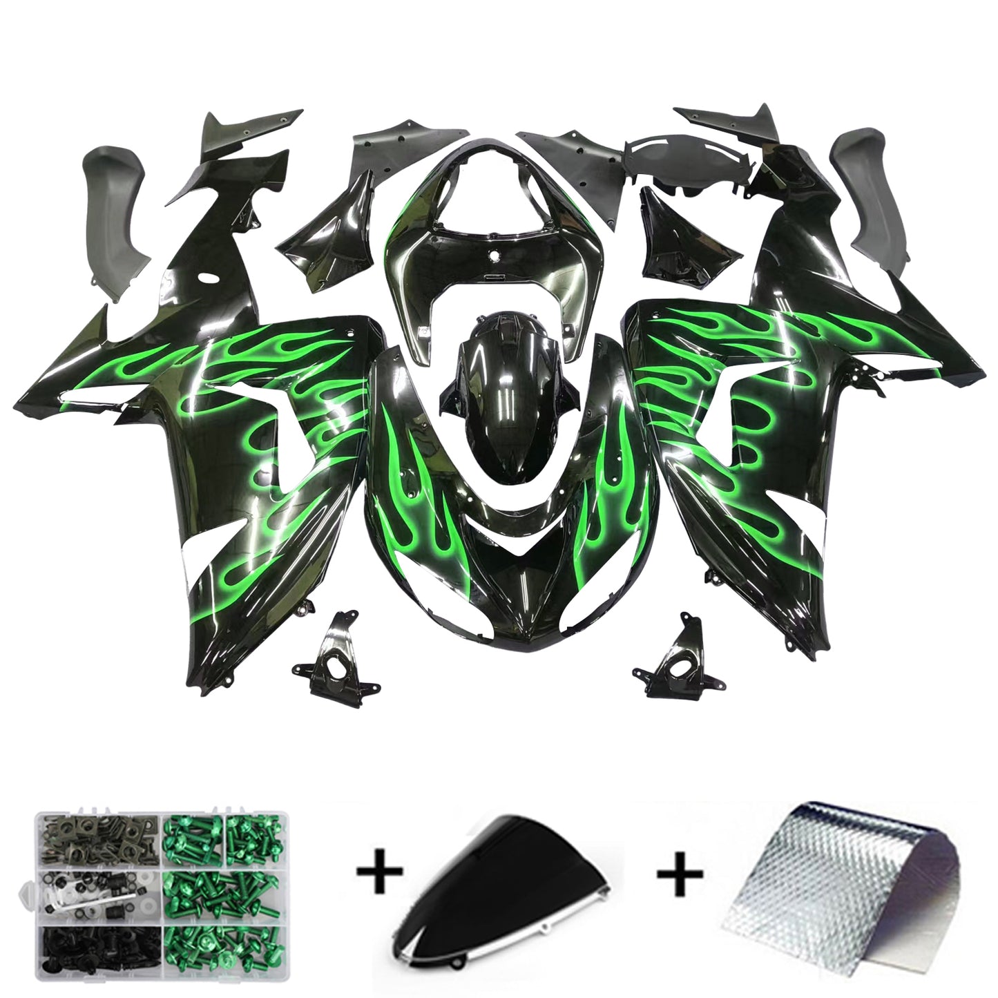 2006-2007 Kawasaki ZX10R Amotopart Green Flames Injection Fairing Kit Plastic Fit