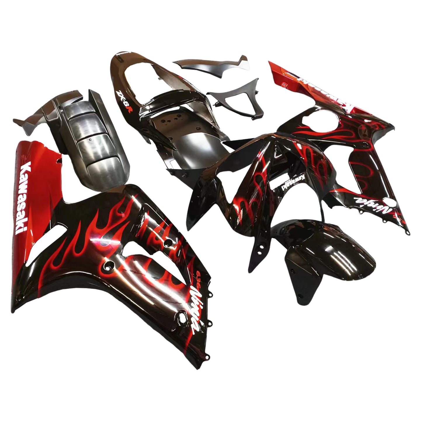 2003-2004 Kawasaki ZX6R 636 Amotopart Fairings Black & Red Flame ZX6R Racing