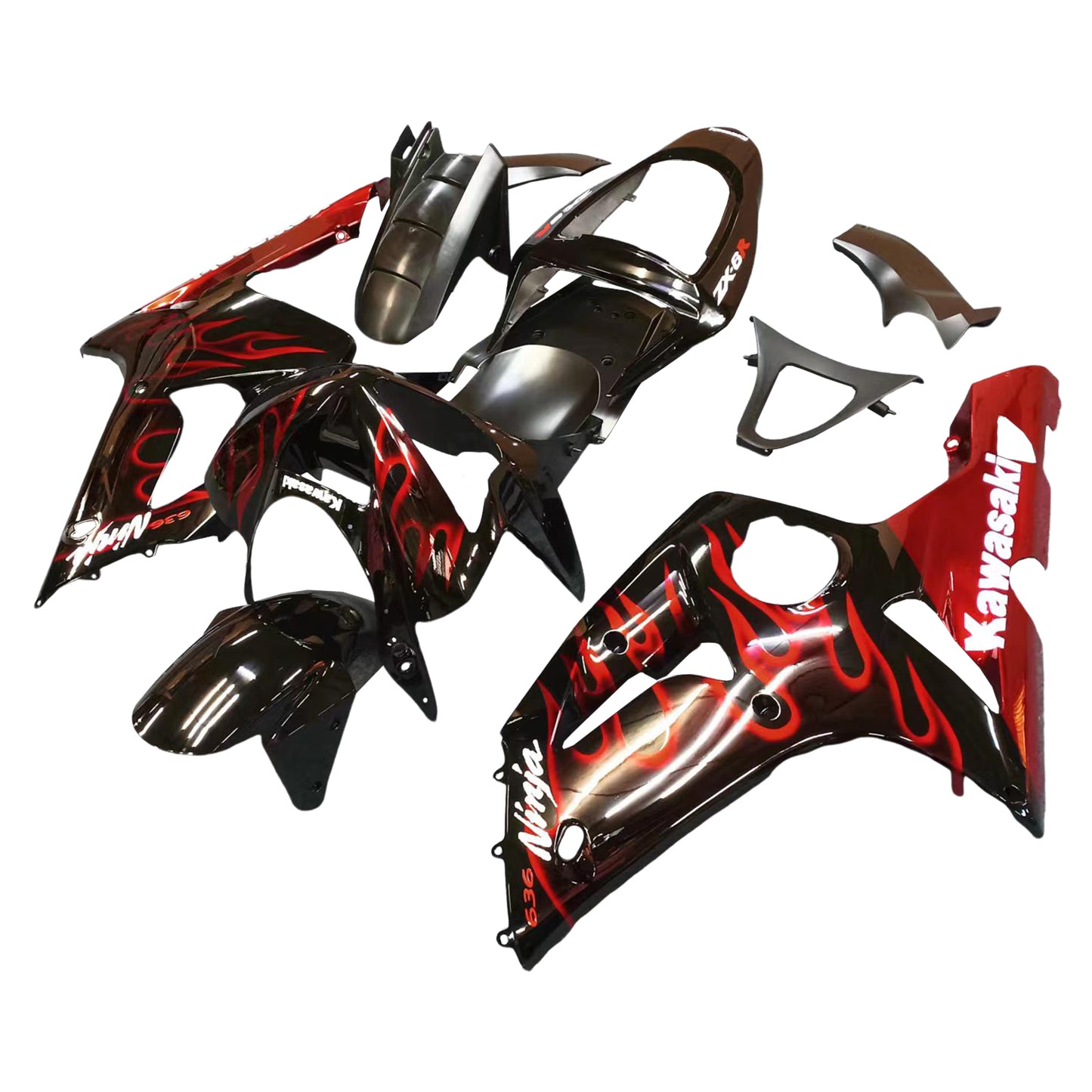 2003-2004 Kawasaki ZX6R 636 Amotopart Fairings Black & Red Flame ZX6R Racing